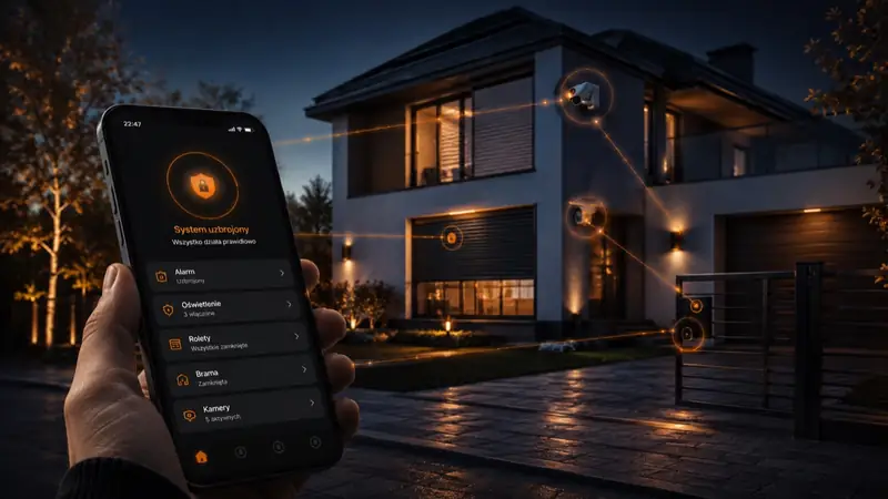 Aplikacja smart home na telefonie, w tle oświetlony dom z podjazdem
