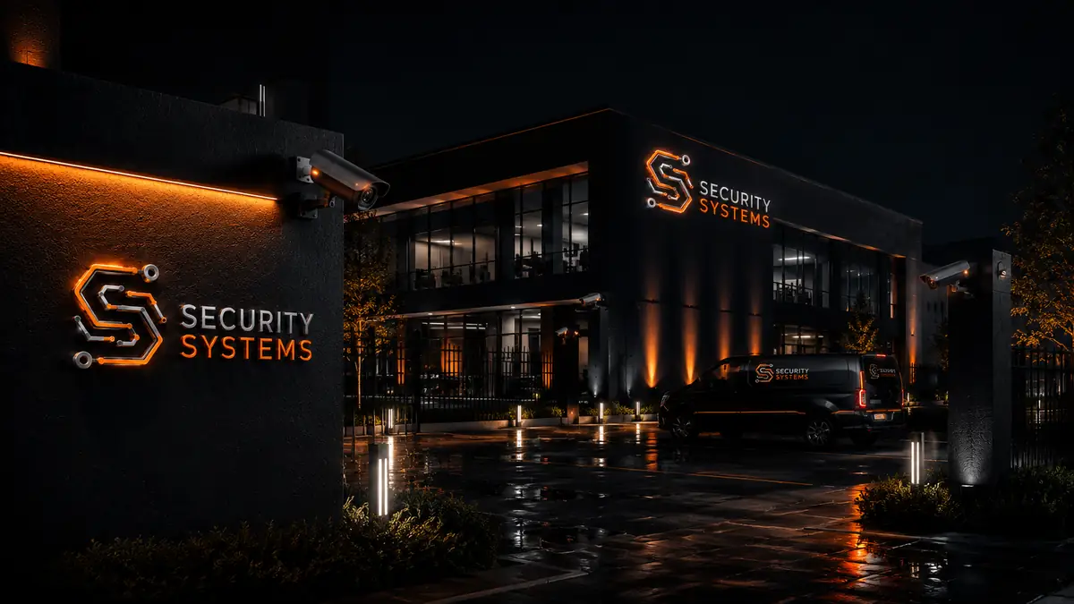 Budynek firmowy nocą z logo Security Systems na elewacji