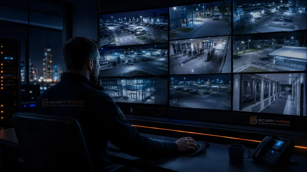 Operator przed ścianą monitorów z podglądem parkingów i placów