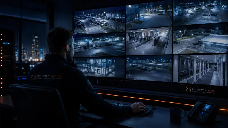 Operator przed ścianą monitorów z podglądem parkingów i placów