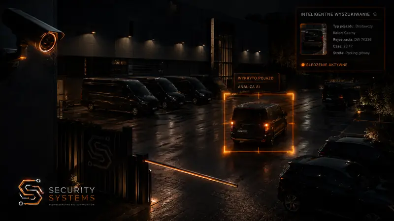 Parking firmy z kamerami i ramkami detekcji pojazdów nocą