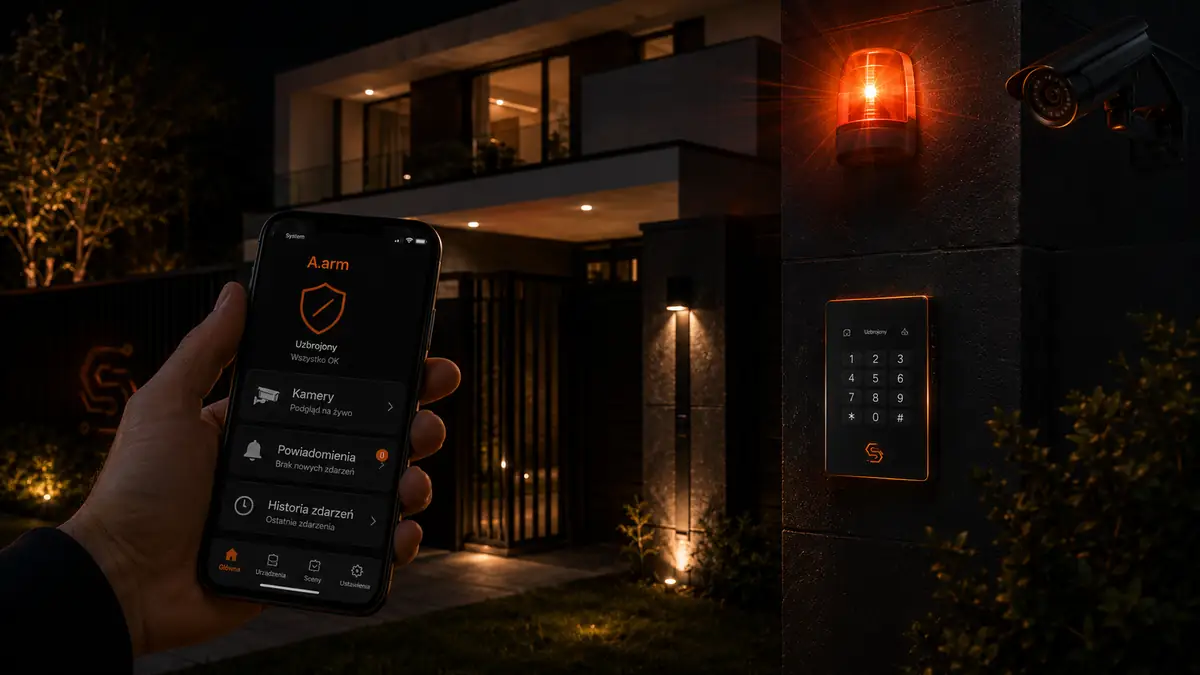 Powiadomienie z systemu alarmowego na telefonie przed domem nocą
