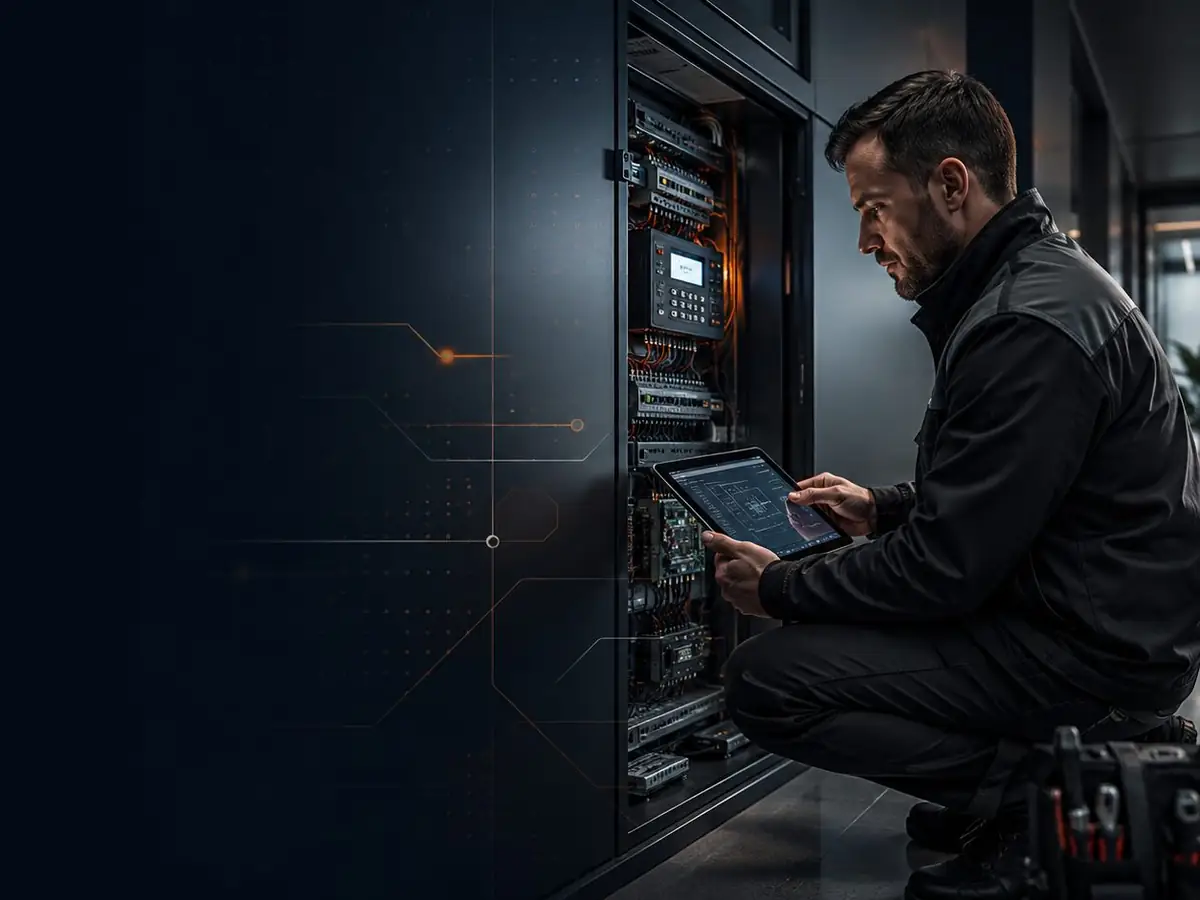 Serwisant z laptopem przy szafie rack z rejestratorem i switchami
