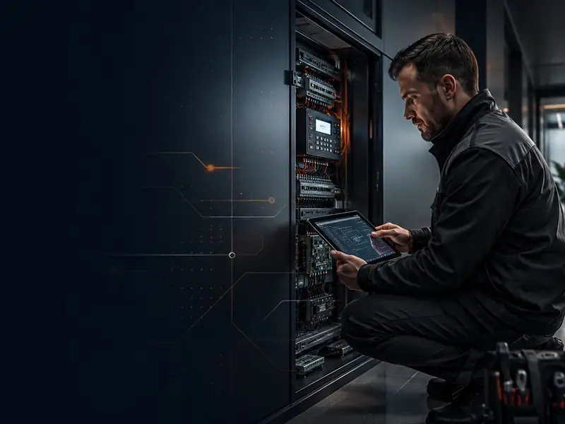 Serwisant z laptopem przy szafie rack z rejestratorem i switchami