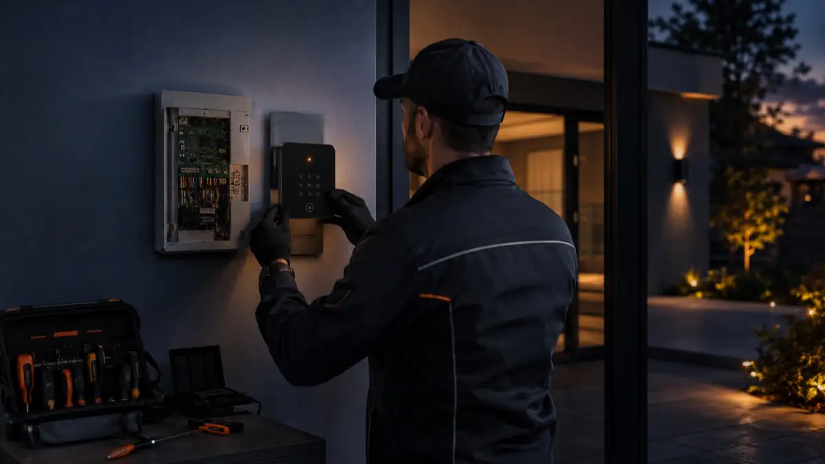 Serwisant Security Systems sprawdza manipulator alarmu w domu