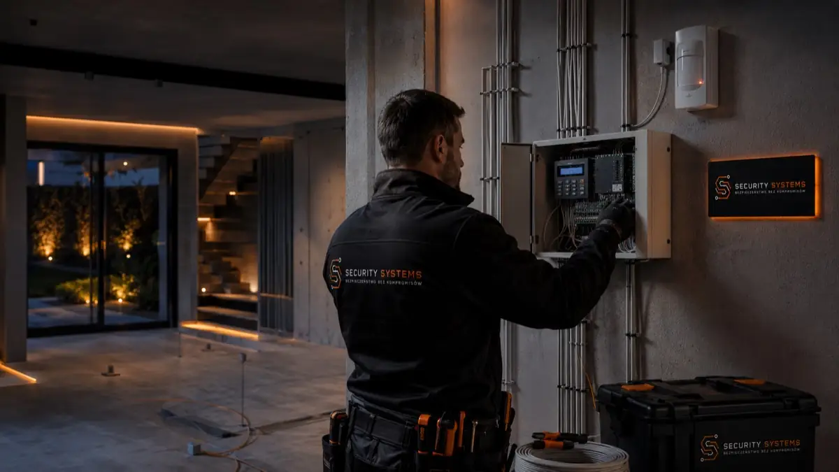 Technik programuje system alarmowy z manipulatora w korytarzu domu