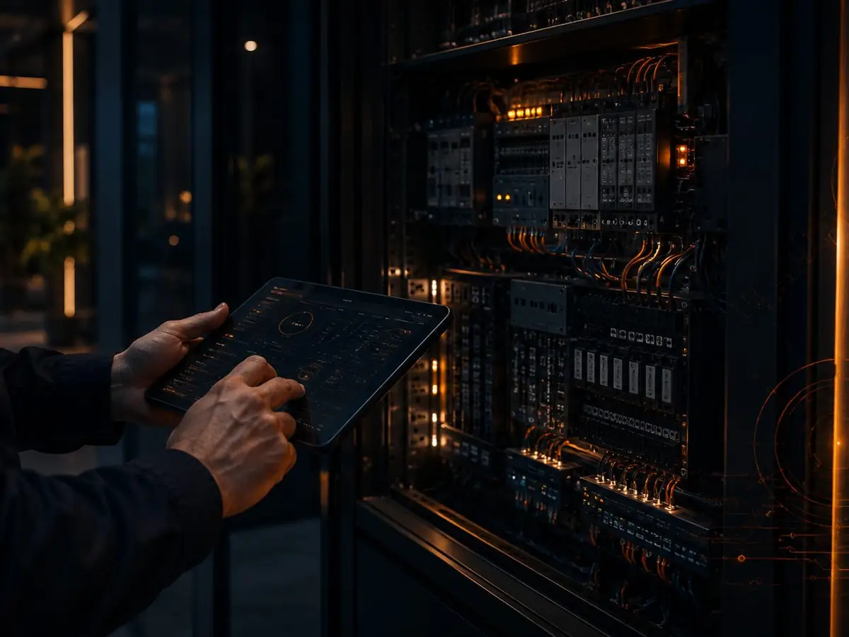 Technik z tabletem przy szafie instalacyjnej systemów zabezpieczeń